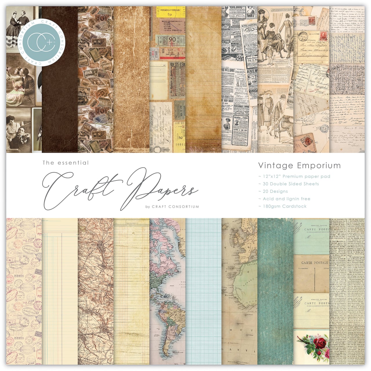 Craft Consortium Vintage Emporium Double-Sided Paper Pad, 12" x 12"